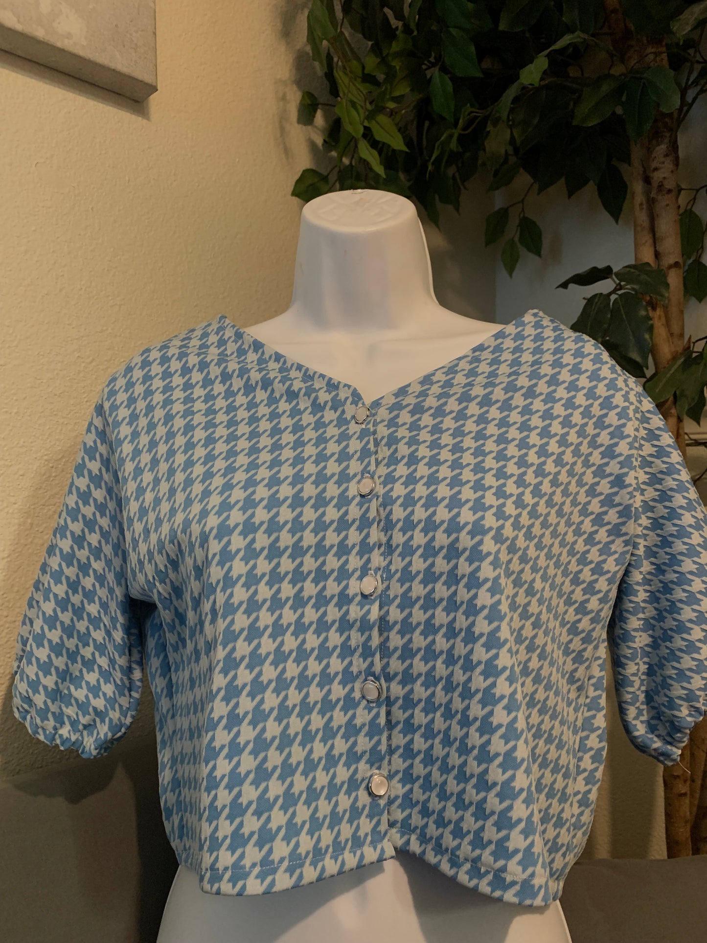 Women’s Elegant Button Up Blue & White Printed Top with Pearly Buttons
