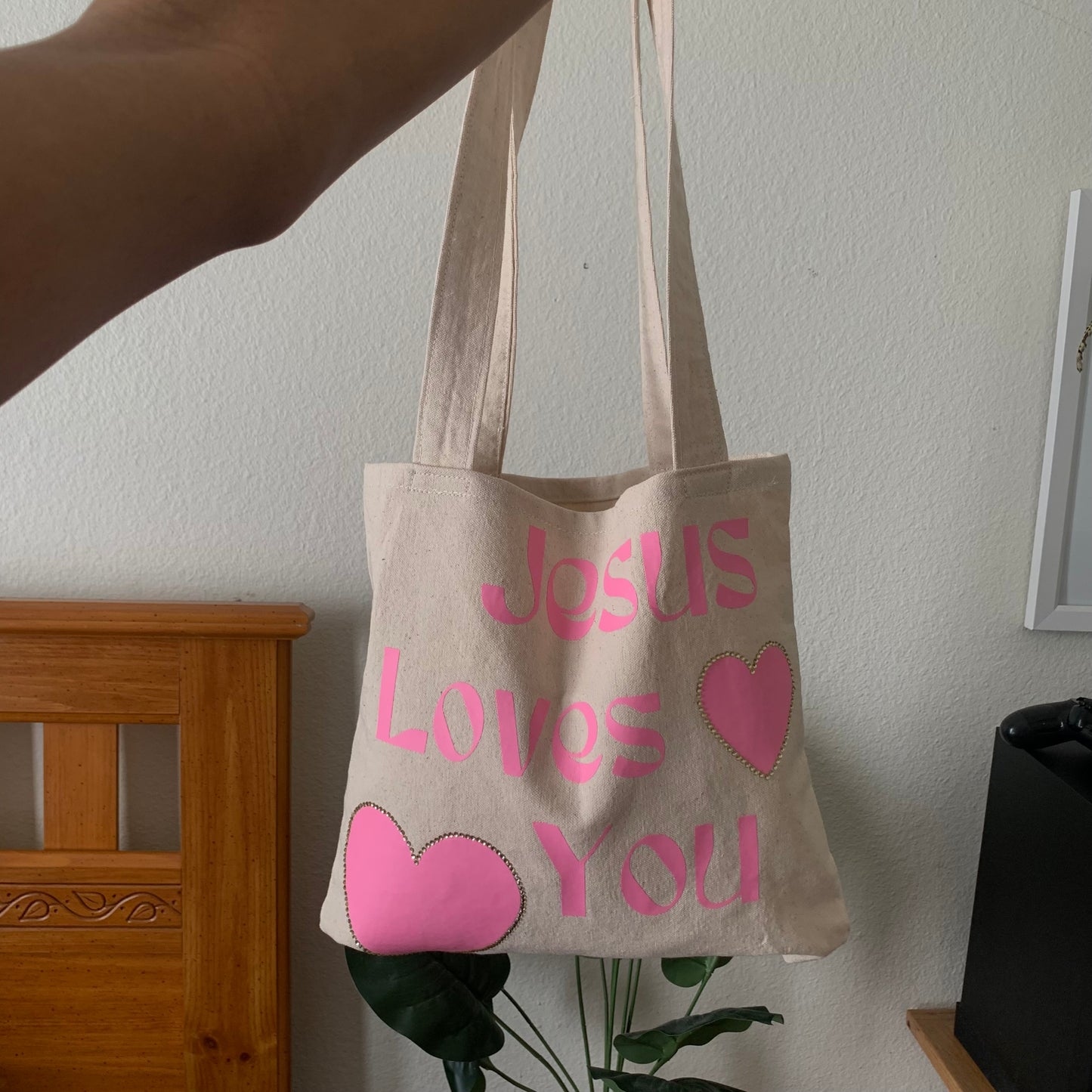 Jesus Loves You Canvas Tote Book Bag, Pink and Gold Rhinestone Everyday Bag