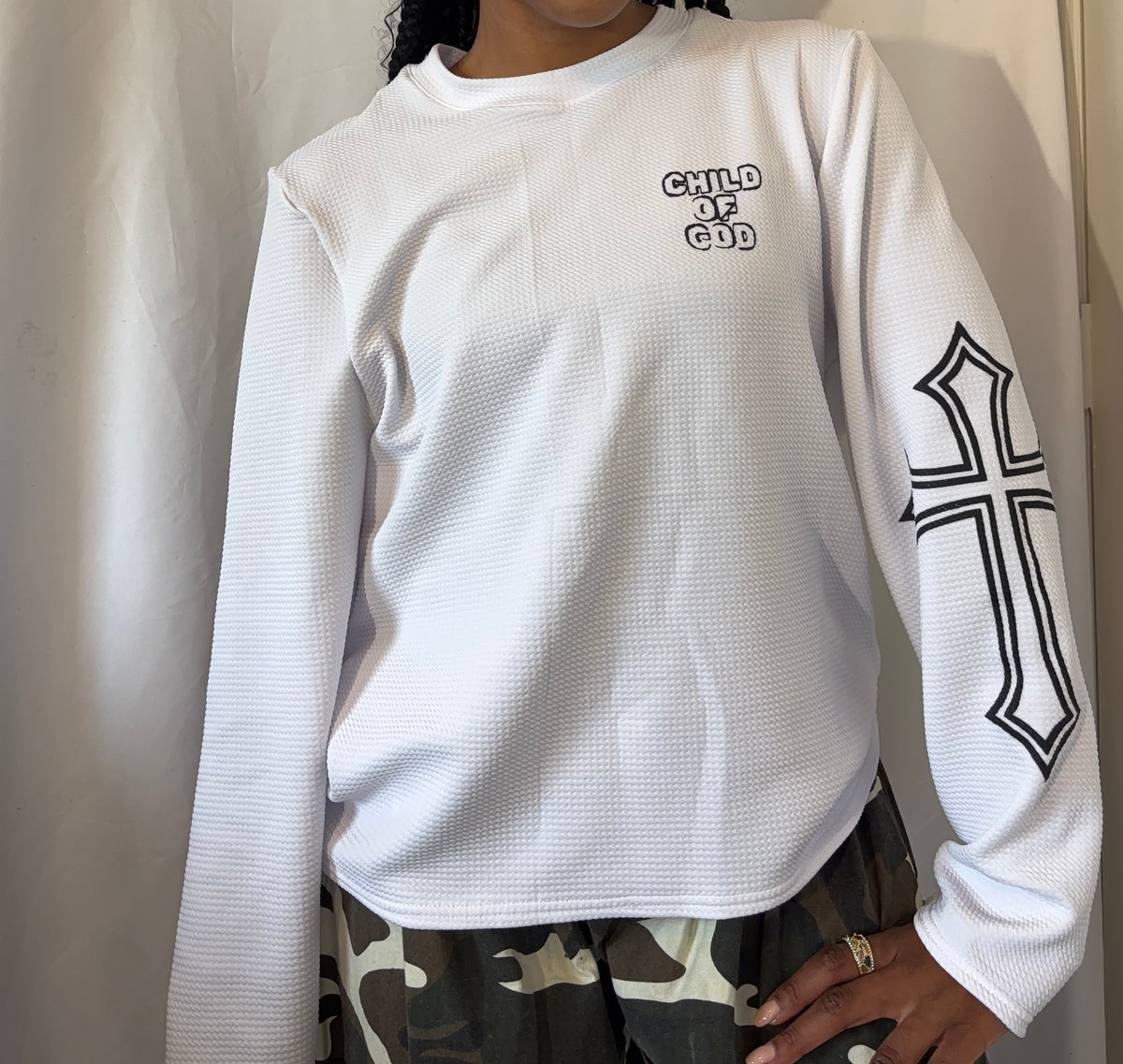 Small “Child of God” Cross Oversized Long Sleeve Top