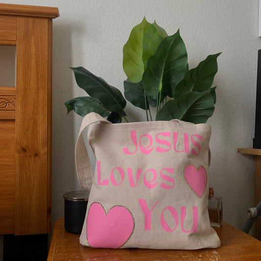 Jesus Loves You Canvas Tote Book Bag, Pink and Gold Rhinestone Everyday Bag