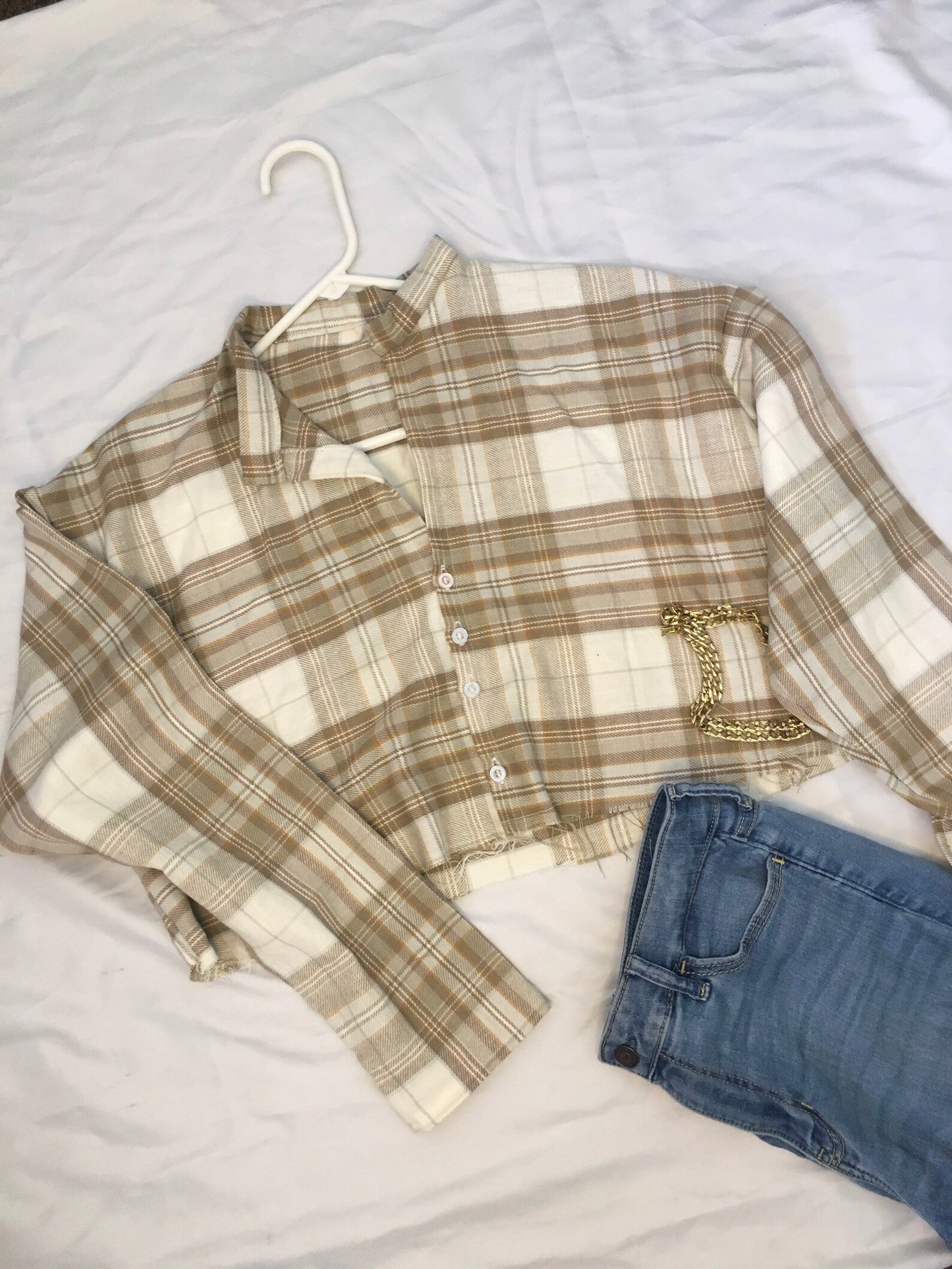 Neutral Brown and White Cropped Flannel || Long Sleeve Button Up Top