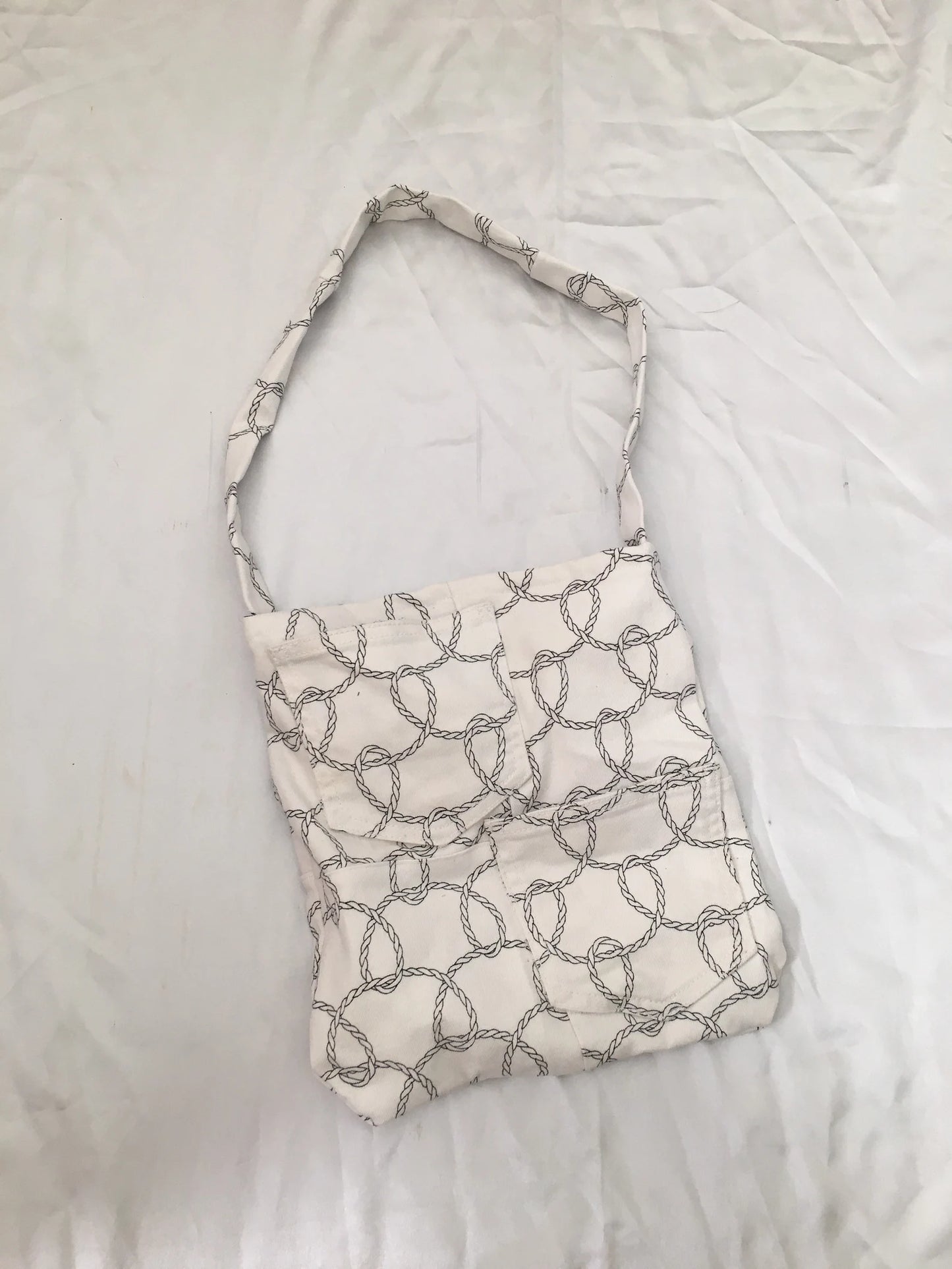 Upcycled White Jean Tote Bag, White & Black Chain Print Bag