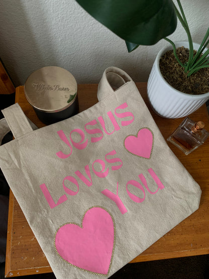 Jesus Loves You Canvas Tote Book Bag, Pink and Gold Rhinestone Everyday Bag