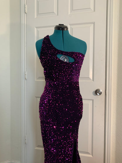 Purple Velvet Sequin One Shoulder Prom Dress