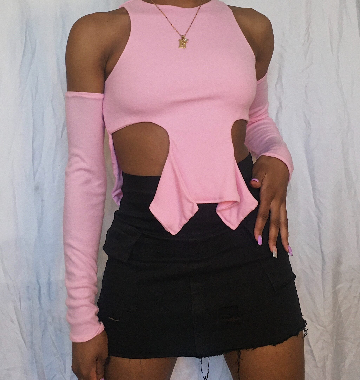 Pink Cut Out Halter Top with Arm Sleeves