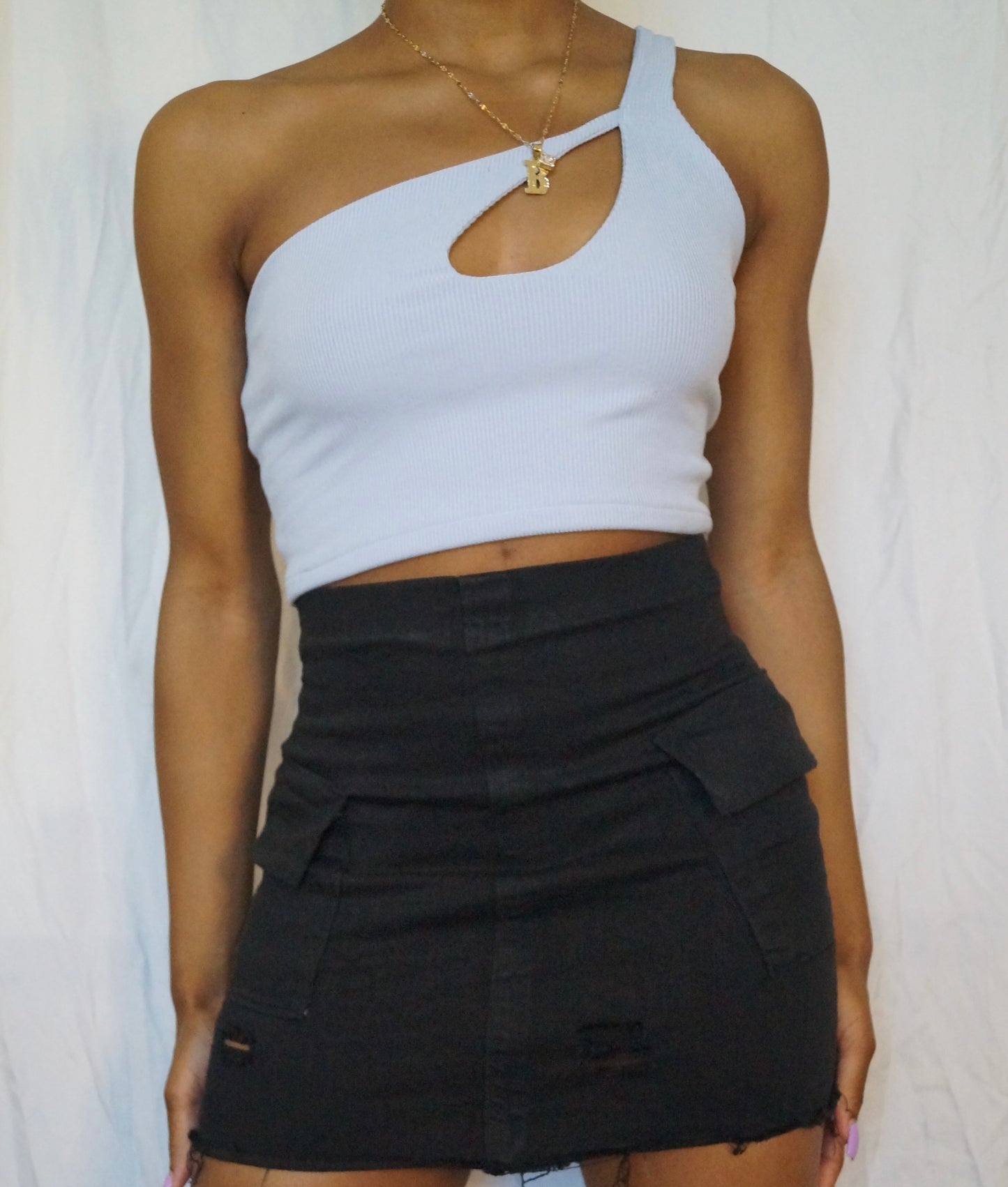 Black Distressed Denim Mini Cargo Skirt