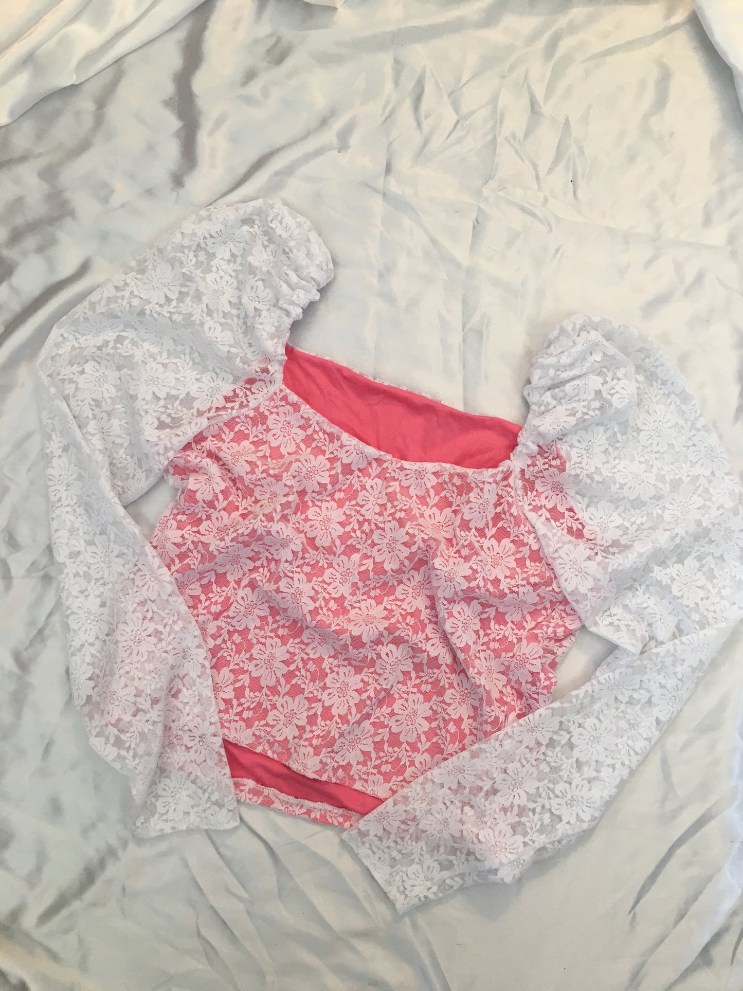 Pink & White Lace Long Sleeve Shirt with Scrunched Puff Sleeves, Valentines Day Top