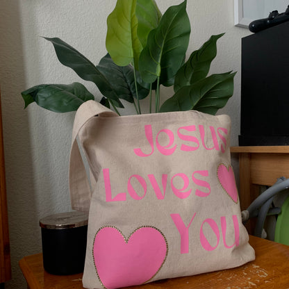 Jesus Loves You Canvas Tote Book Bag, Pink and Gold Rhinestone Everyday Bag