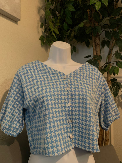 Women’s Elegant Button Up Blue & White Printed Top with Pearly Buttons