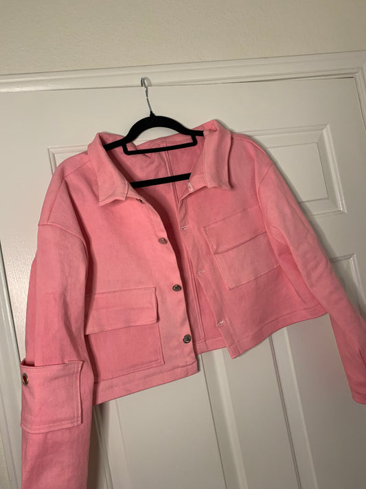 Pink Cropped Jean Jacket, Women’s Denim Cargo Jacket