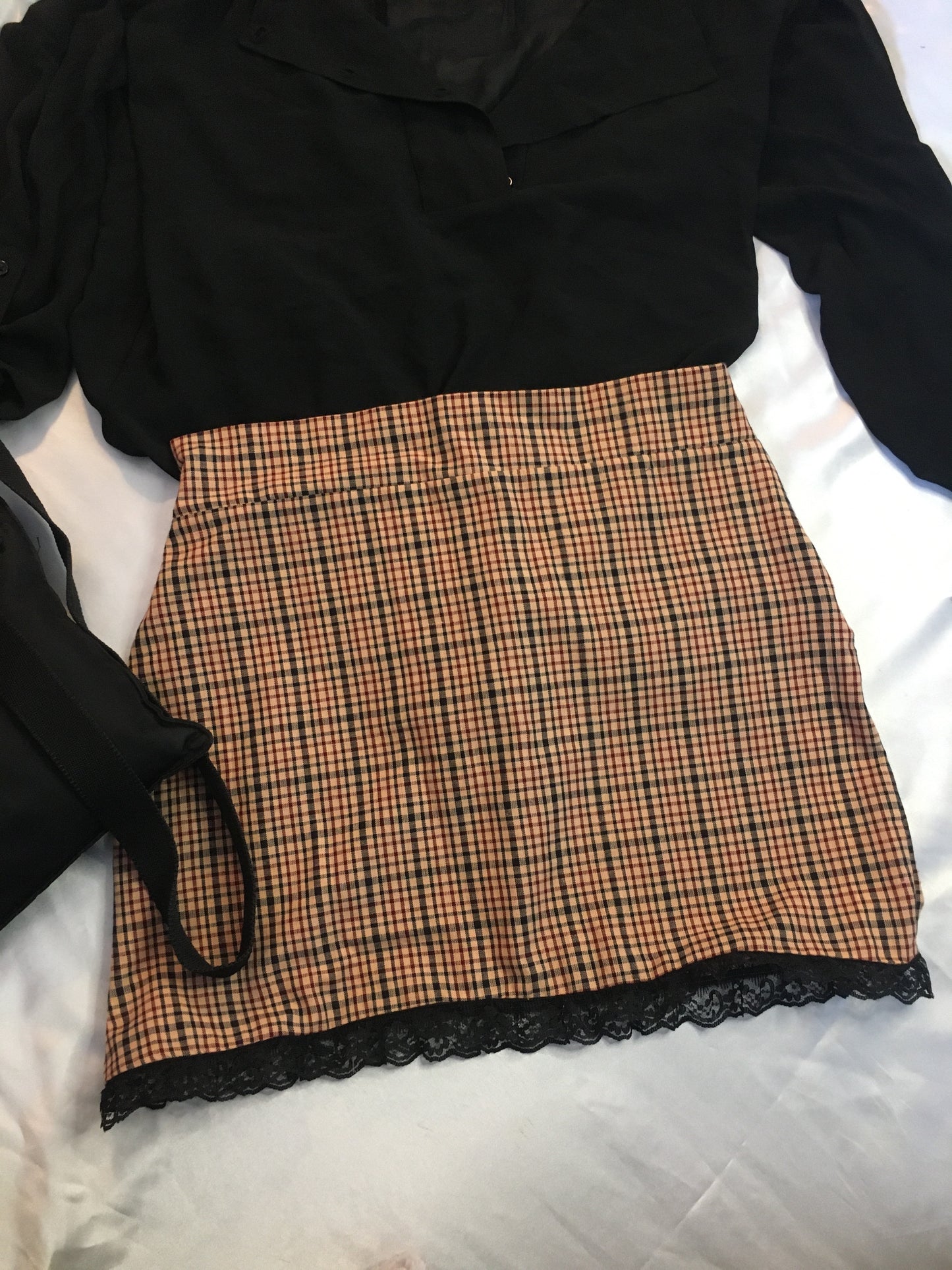 Plaid Mini Skirt with Lace Trim Bottom