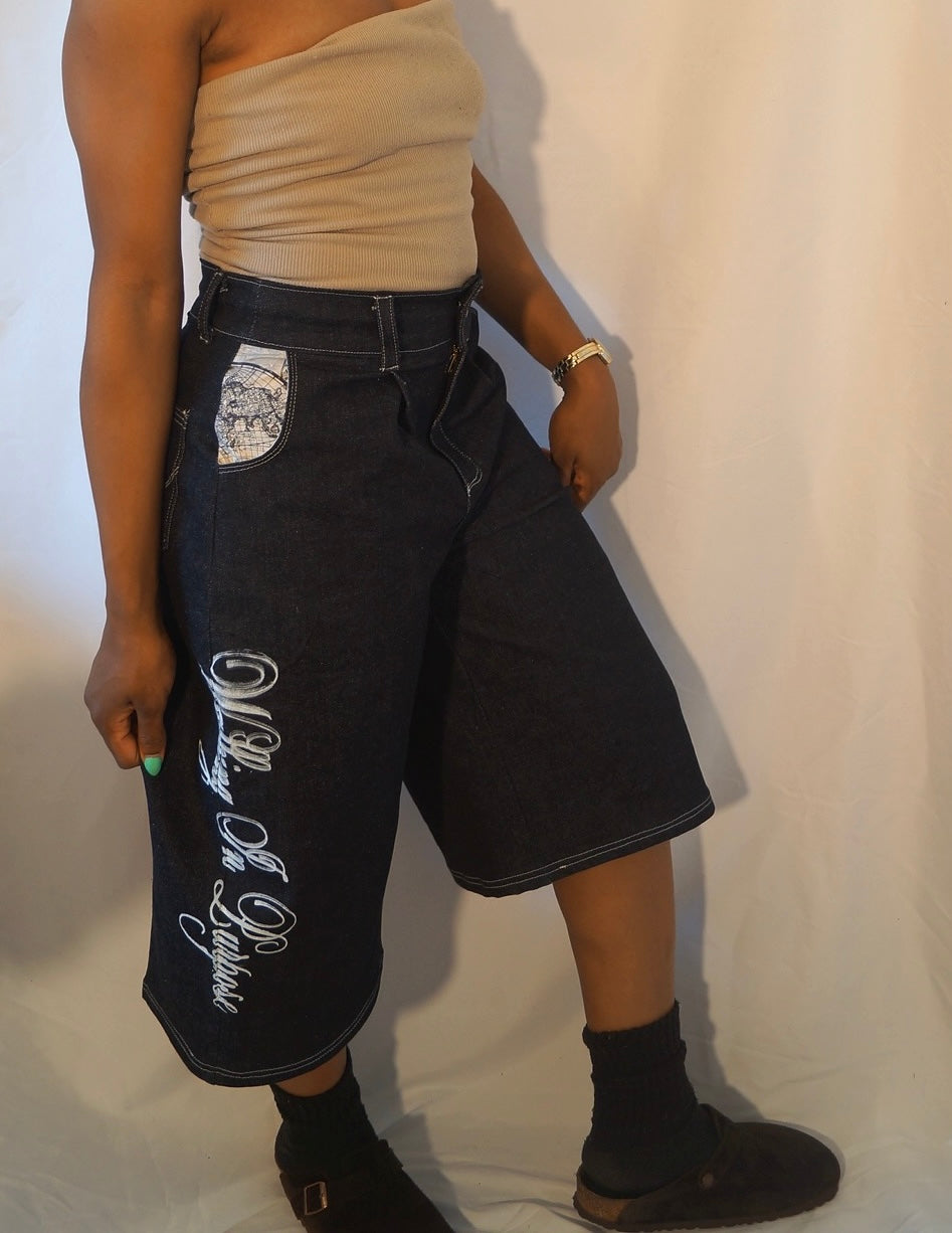 1of1 Straight Leg Jorts “Walking in Purpose” Script Denim