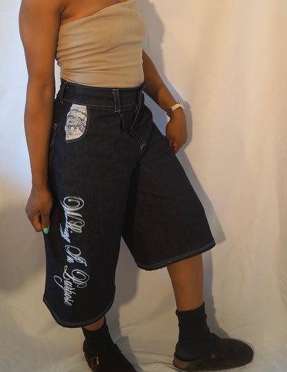 1of1 Straight Leg Jorts “Walking in Purpose” Script Denim