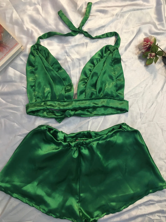 Green Silky-Satin Lounge Wear Set, Bra & Shorts Pajama Set