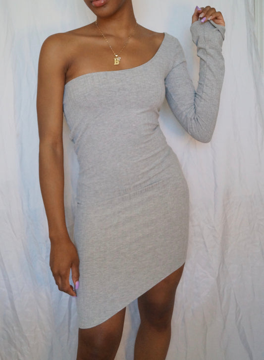 Light Grey One Shoulder Long Sleeve Dress, Asymmetrical Hem Bottom