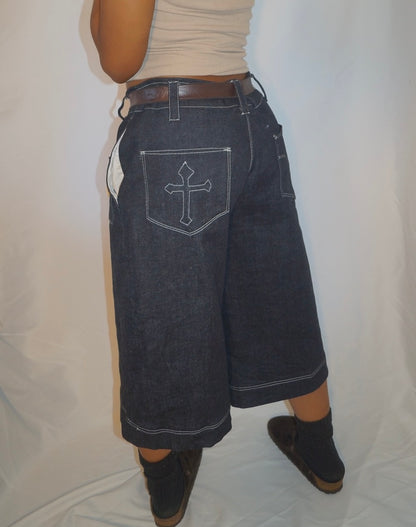 “Walking in Purpose” Wide Leg Script Denim Jorts , Christian Streetwear