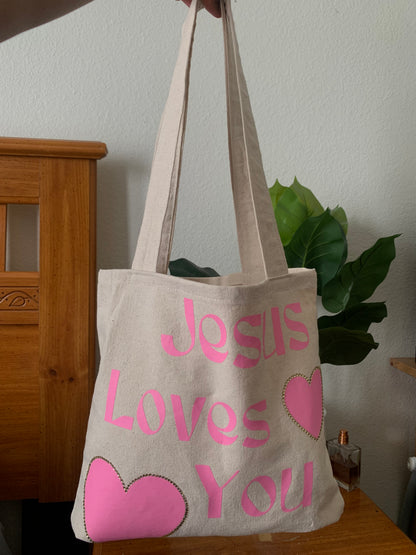 Jesus Loves You Canvas Tote Book Bag, Pink and Gold Rhinestone Everyday Bag