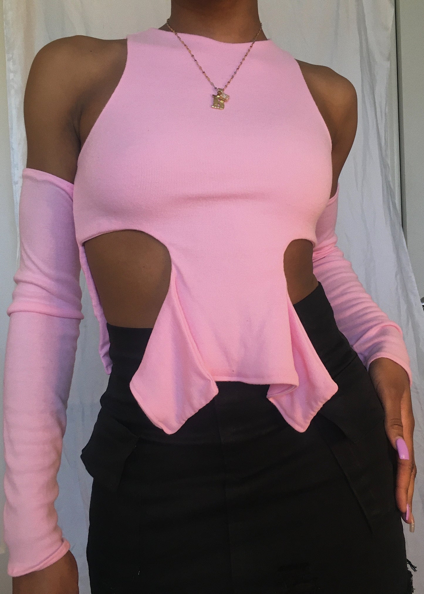 Pink Cut Out Halter Top with Arm Sleeves