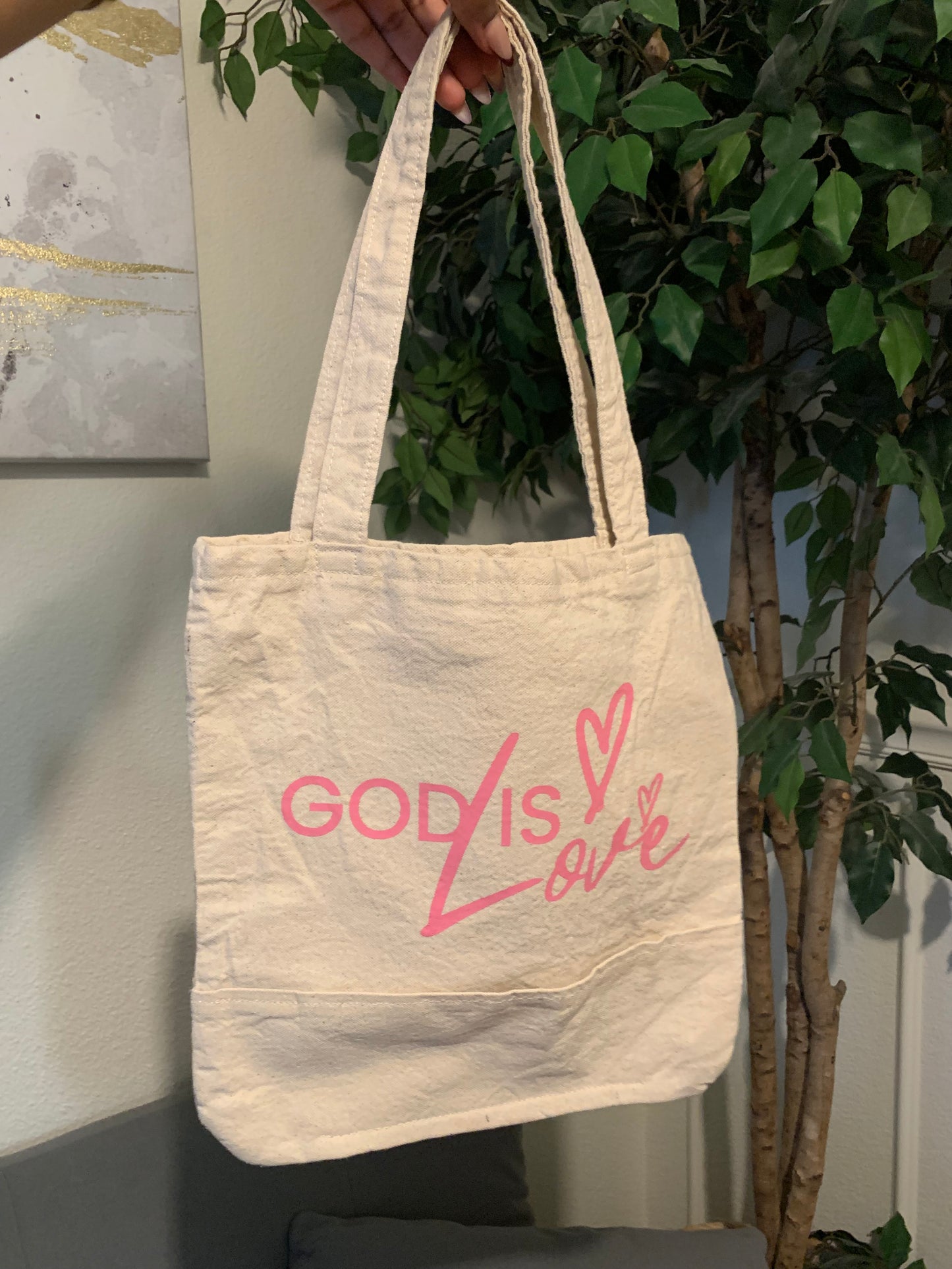 Pink “God Is Love” Canvas Tote Bag, Christian Merch, Bible Study Bag