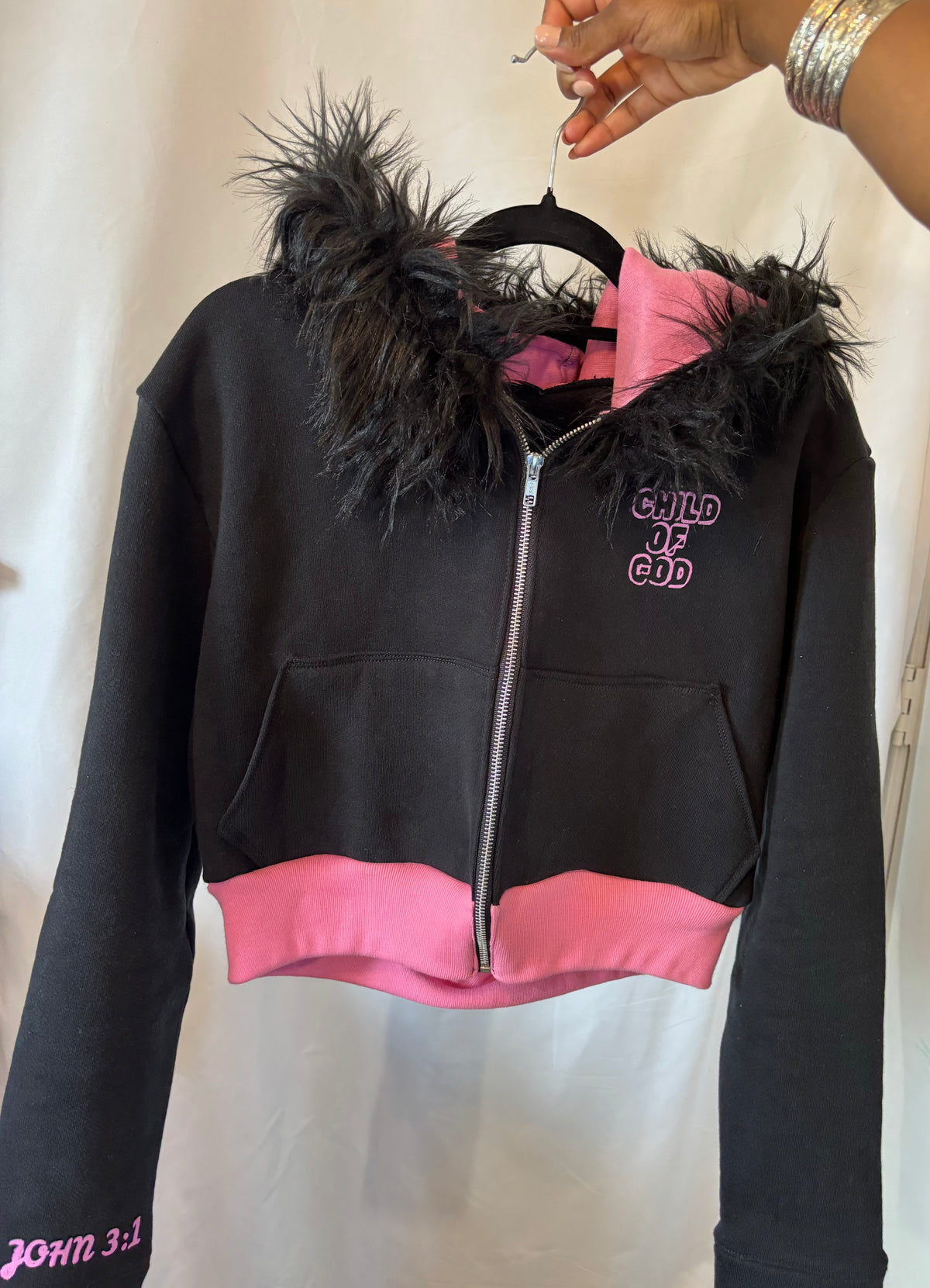“Child of God” Fur Cropped Zip Up Hoodie
