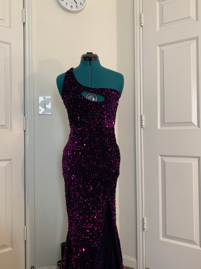 Purple Velvet Sequin One Shoulder Prom Dress