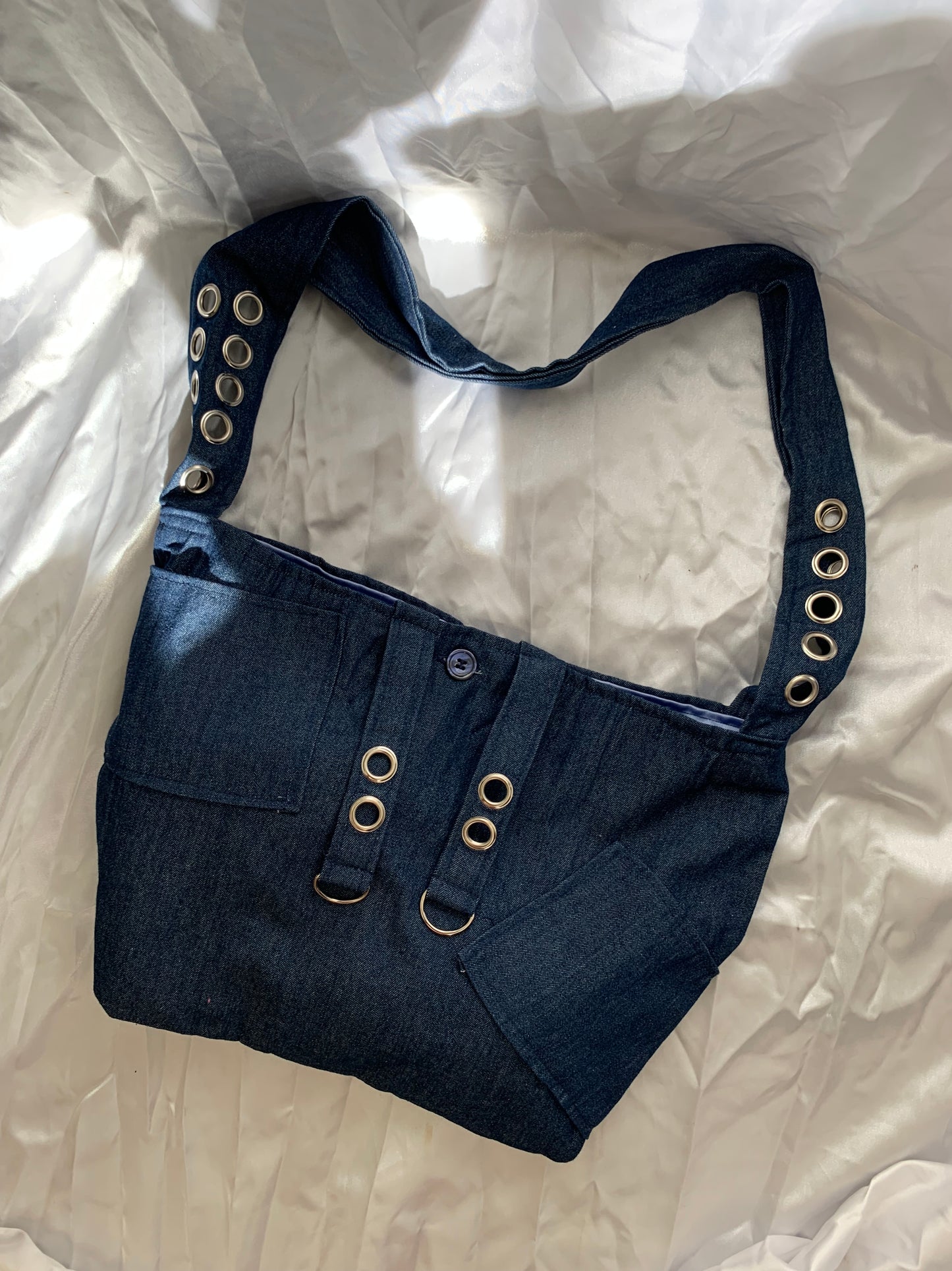 Denim Navy Blue Crossbody Grommet Tote Bag