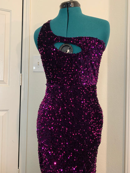 Purple Velvet Sequin One Shoulder Prom Dress