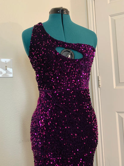 Purple Velvet Sequin One Shoulder Prom Dress