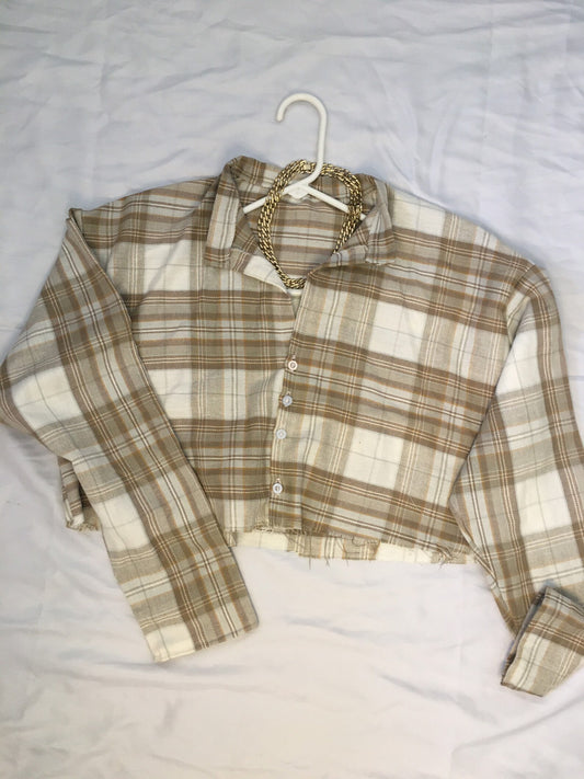 Neutral Brown and White Cropped Flannel || Long Sleeve Button Up Top