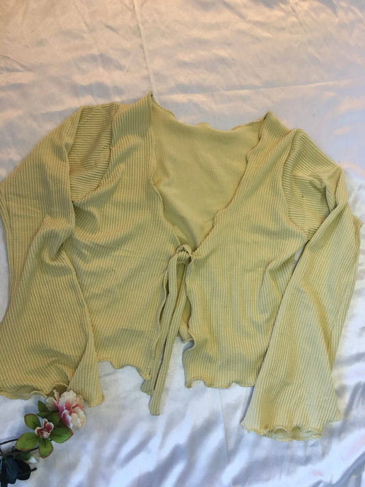 Yellow Knit Sweater Top, Lettuce Trim Detail