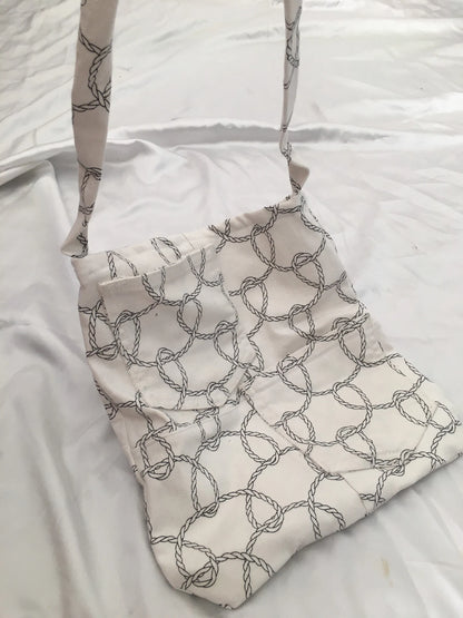 Upcycled White Jean Tote Bag, White & Black Chain Print Bag