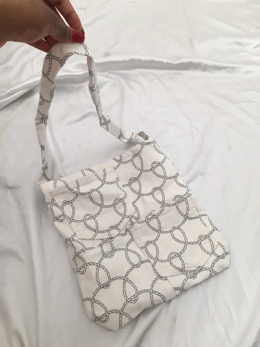 Upcycled White Jean Tote Bag, White & Black Chain Print Bag