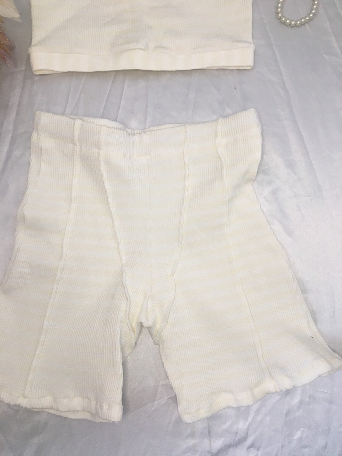 White Knit Reverse Stitch Biker Shorts and Top Matching Set