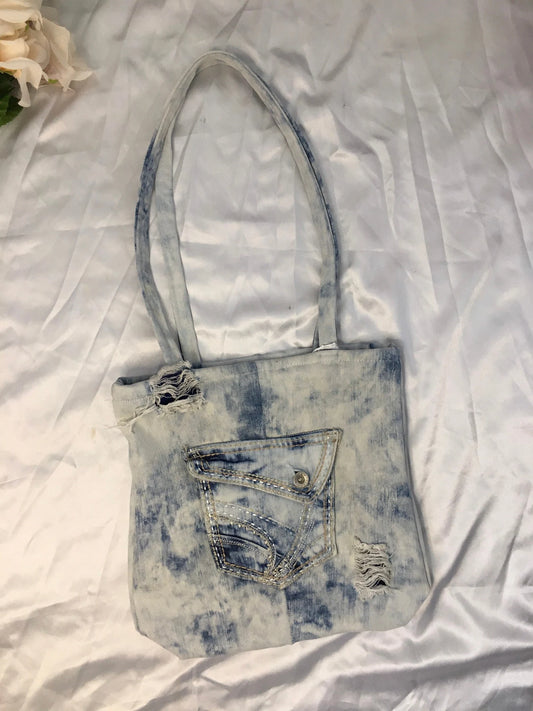 Upcycled Tye Dye Blue Jean Tote Bag with Front Pocket