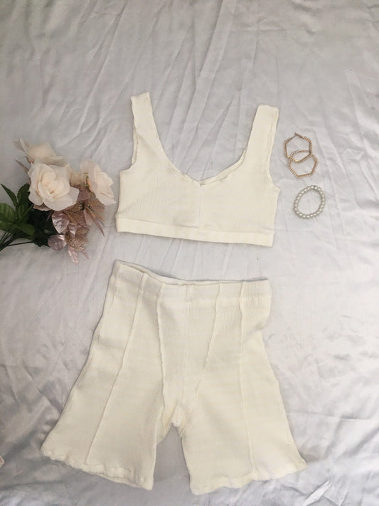 White Knit Reverse Stitch Biker Shorts and Top Matching Set