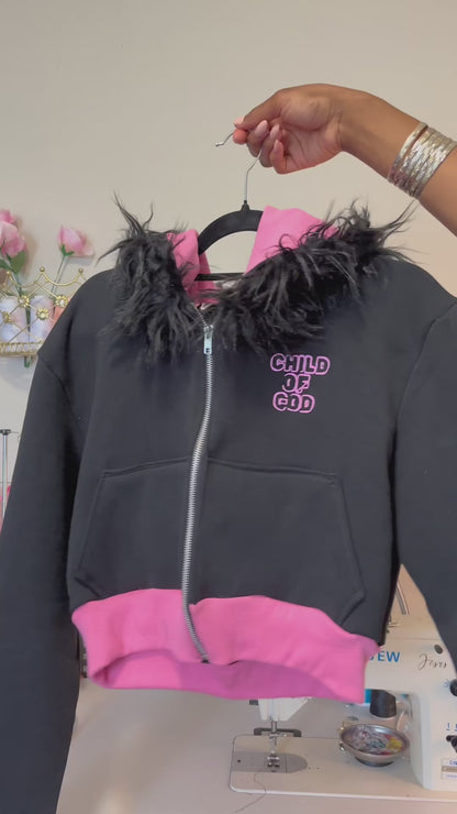 “Child of God” Fur Cropped Zip Up Hoodie